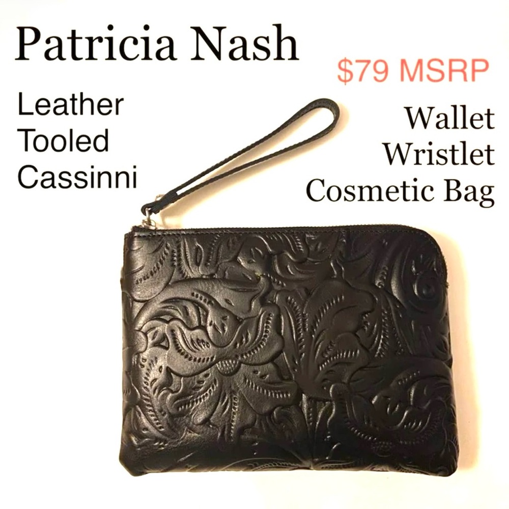Patricia Nash Leather Tooled Cassinni Zip Wristlet Bag Wallet Cosmetic Purse